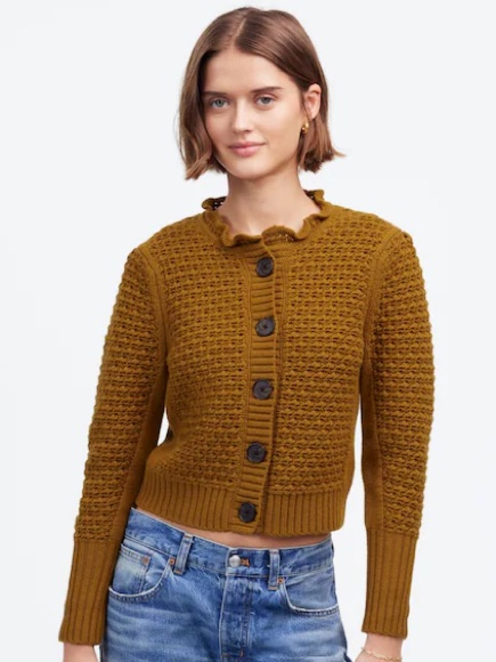 MADEWELL Scalloped Merino Wool-Blend Cardigan Sweater Amber Olive Small NU533
